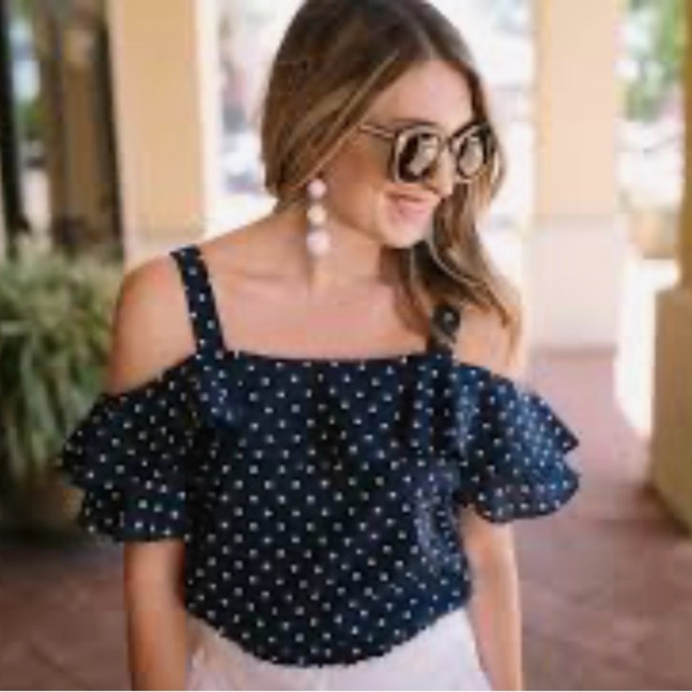 J. Crew Navy Dot Ruffled Off-Shoulder Top - Picture 3 of 8